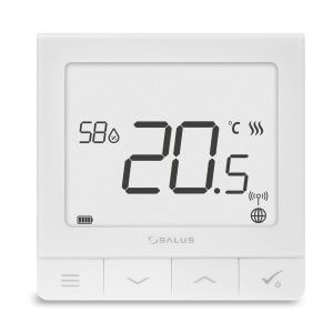 Multifunkčný termostat so zapustenou montážou so snímačom vlhkosti. Unikátnou vlastnosťou tohto termostatu je možnosť bezdrôtového ovládania zariadení z radu SALUS Smart Home a drôtového ovládania zariadení, ktoré sa k nemu pripájajú priamo (napr. centrálna svorkovnica, kotol).